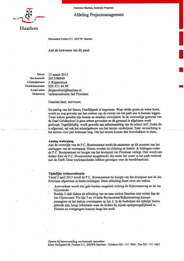 Pagina 1 van de brief van de gemeente